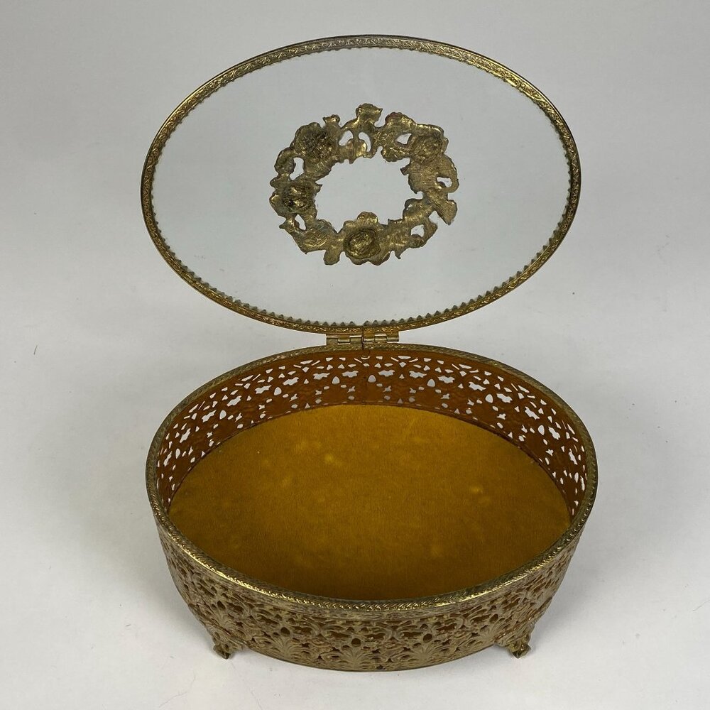 Vintage Hollywood Regency Gold Filigree Ormolu Jewelry Box Oval Glass Hinged Lid - Picture 7 of 11